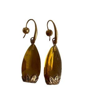 Gold Amber Glass Earrings Acorn Drop Floral Boho Faceted Citrine Tone